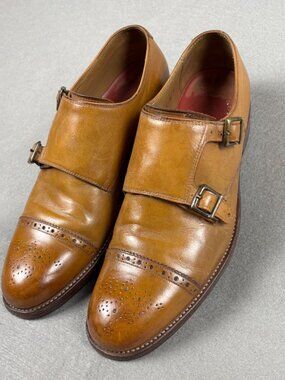 Grenson Double Monk Strap Shoes Tan Brown Leather Cap Toe UK 7 F England